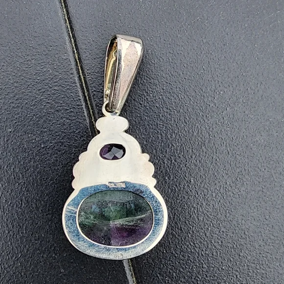 Sterling silver Sajen drop pendant amethyst fluorite cabachon jade green jewelry - Picture 5 of 6